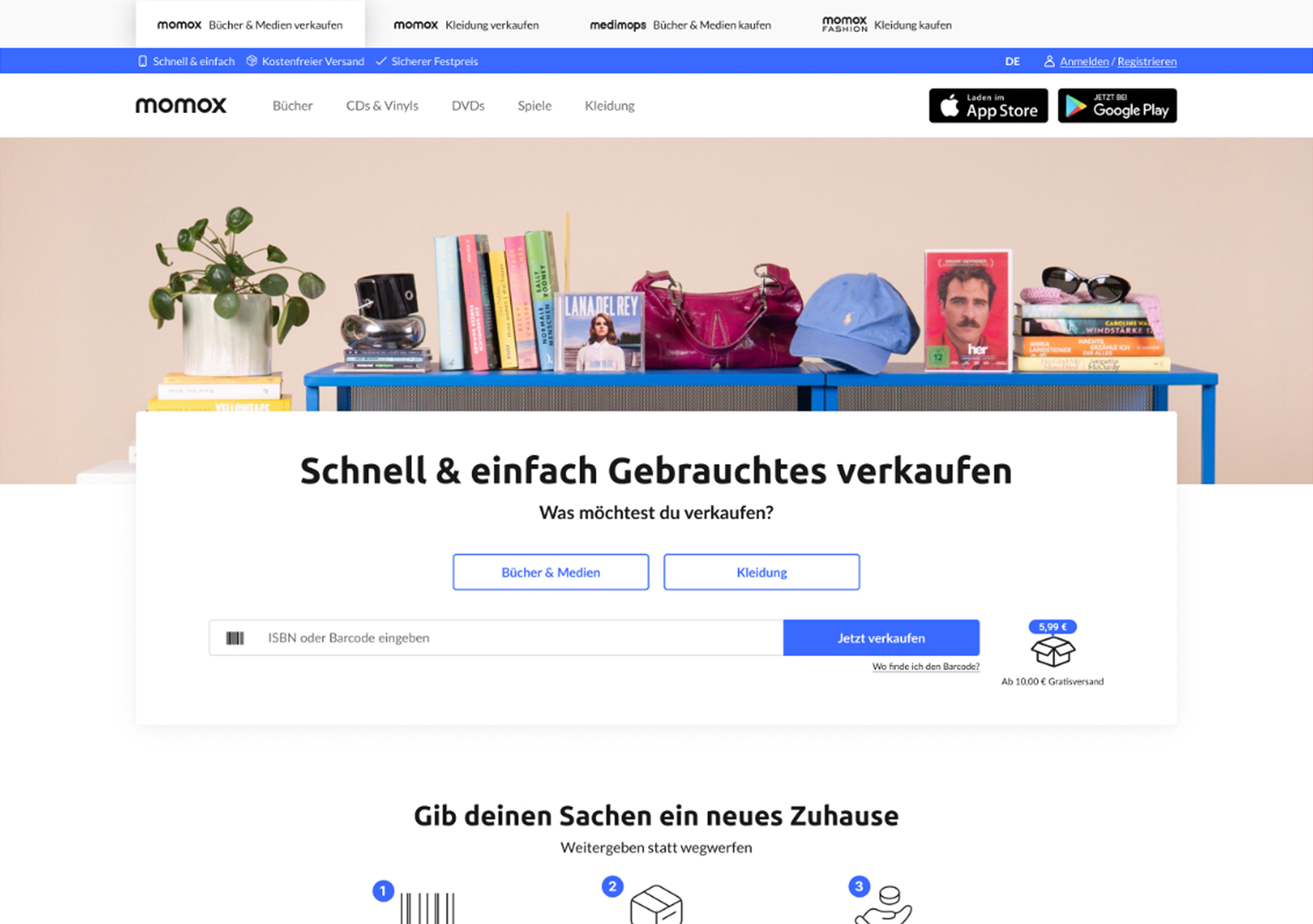 A screenshot of the new momox website