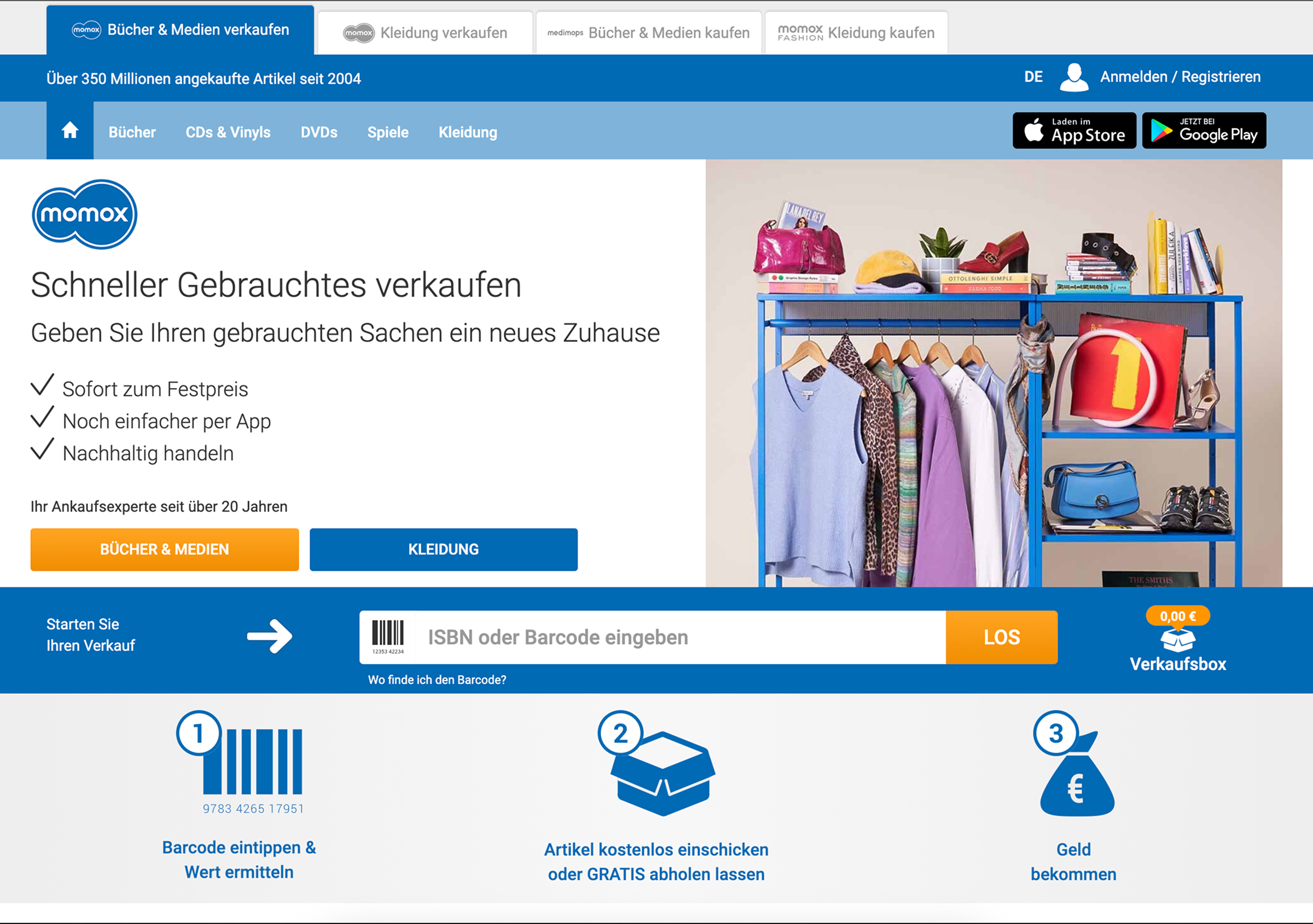 A screenshot of the old momox website