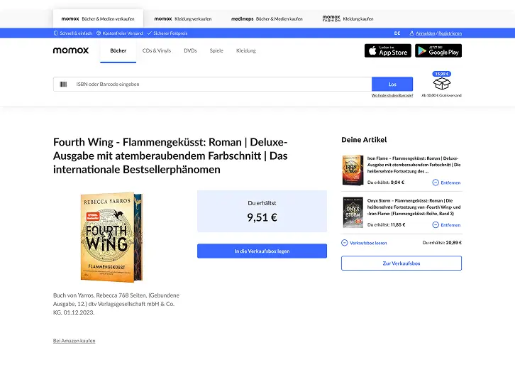 A screenshot of a product site of the new momox website